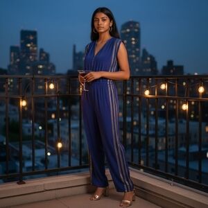 Vintage Alka for Marco Polo Blue Gold Trim Jumpsuit  S Rayon India 80s Bollywood